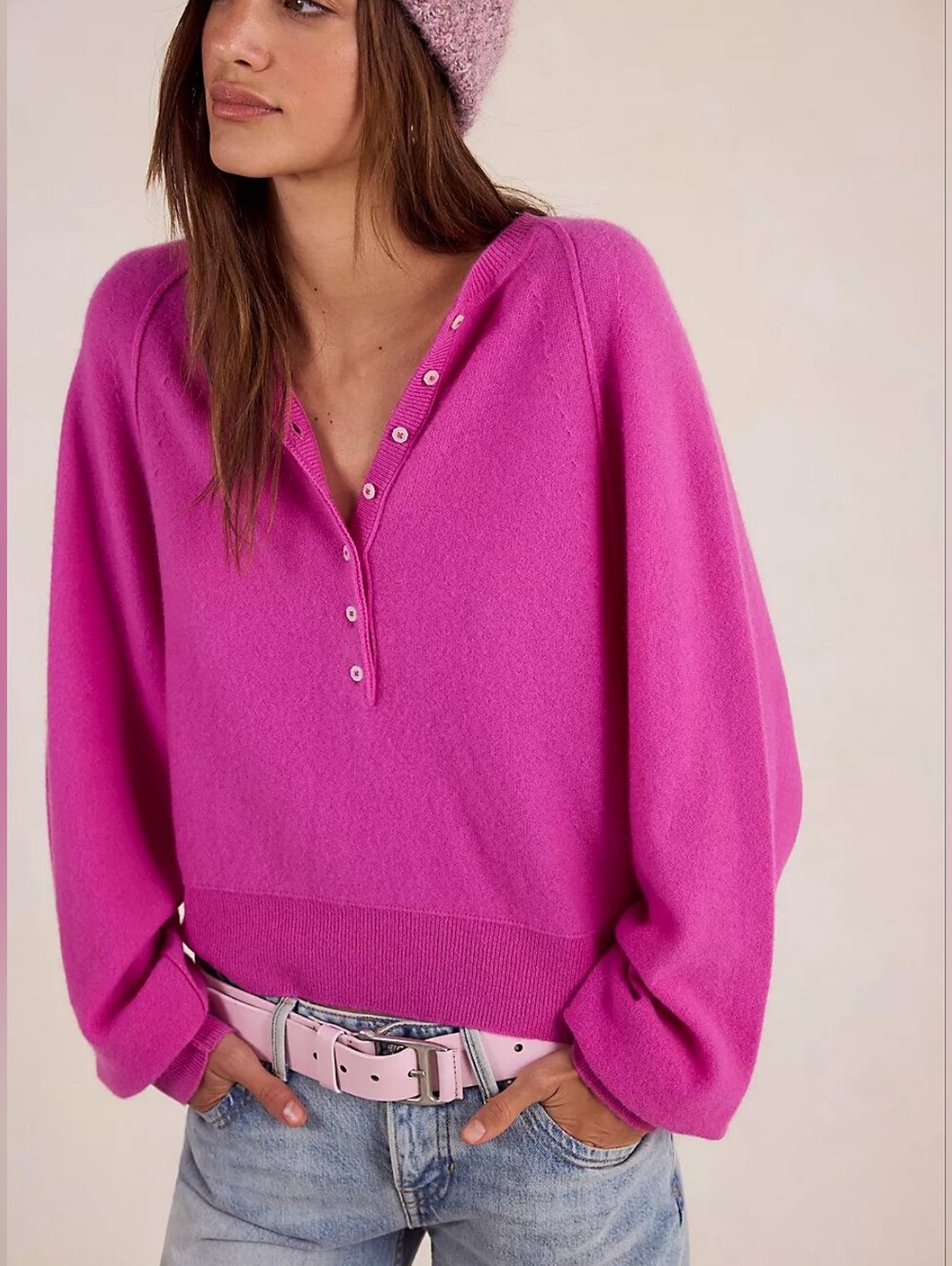 Free People Porta Cashmere Henley Sweater Charm Pink XL